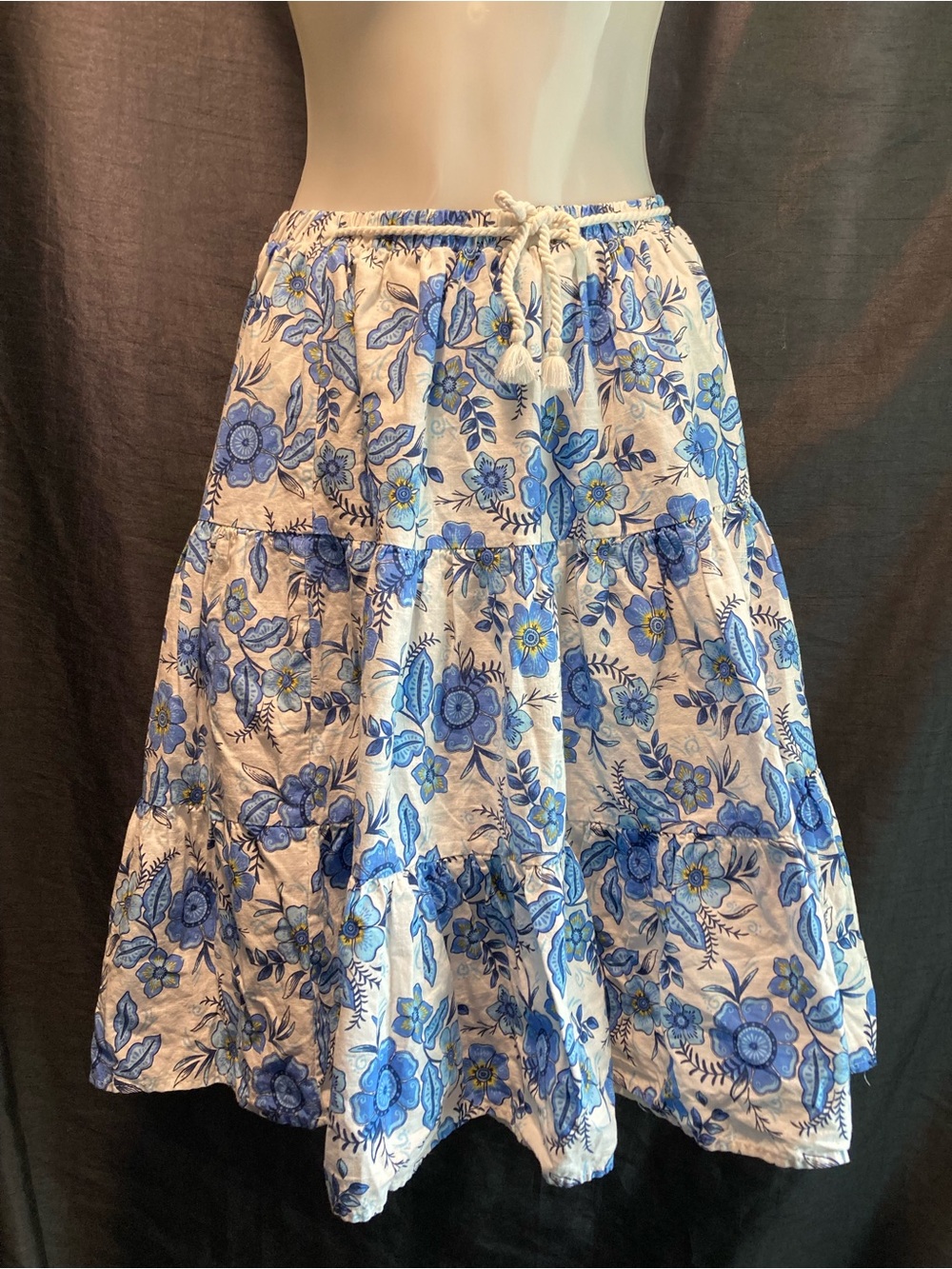 Blue White Floral Tiered Midi Skirt Boho Cottagecore